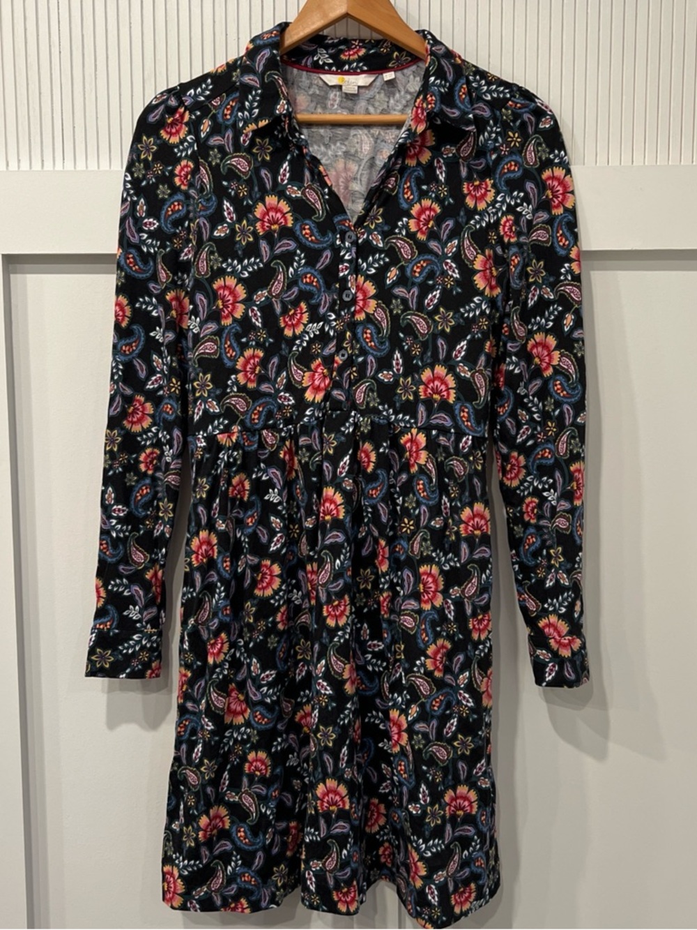 Boden Black Floral Paisley Long-Sleeve Shirt Dress